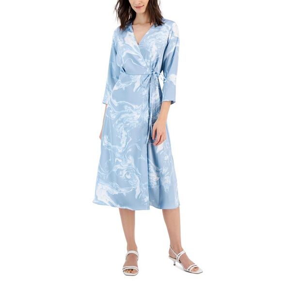 Alfani Womens Printed 3/4 Sleeve Midi Satin Wrap Dress - Picture 1 of 1